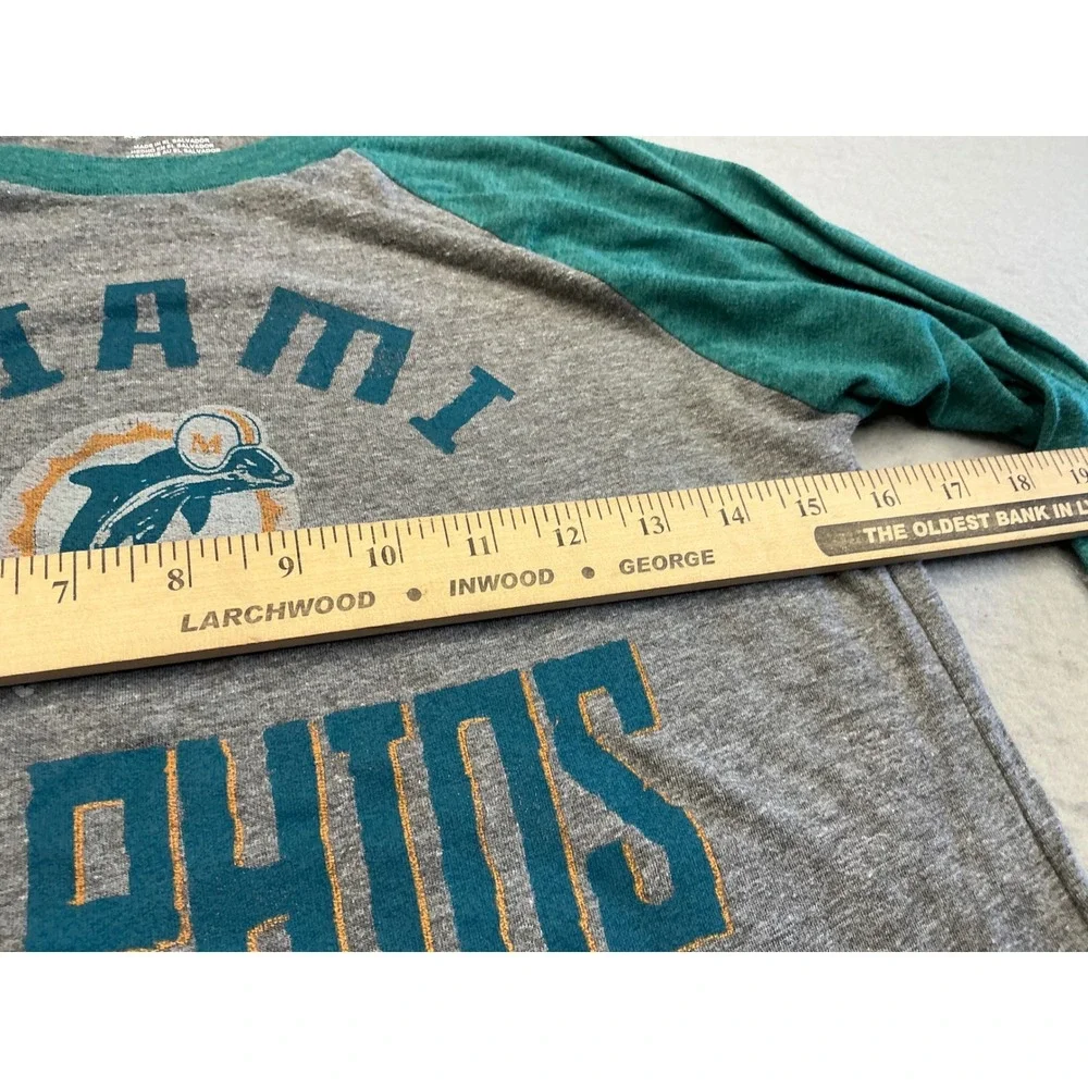 NFL Miami Dolphins Raglan Long Sleeve Shirt Graphic Tee Youth XL Gray Aqua